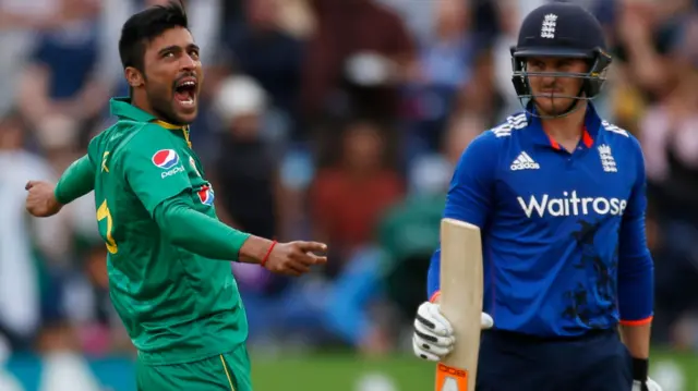 Mohammad Amir celebrates the wicket of Jason Roy