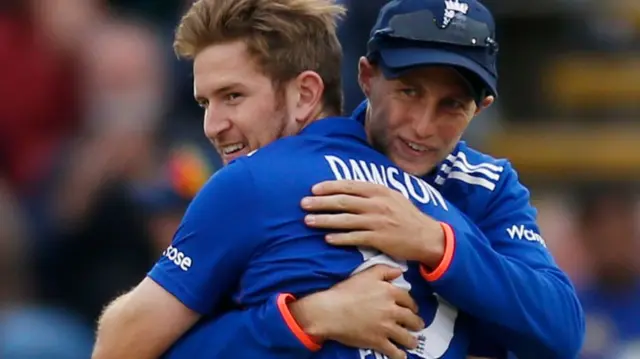 Liam Dawson celebrates with Joe Root