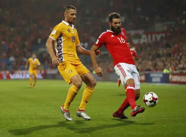 Wales' Joe Ledley in action with Moldova's Adrian Cascava