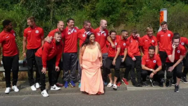 Needham Market FC with bride