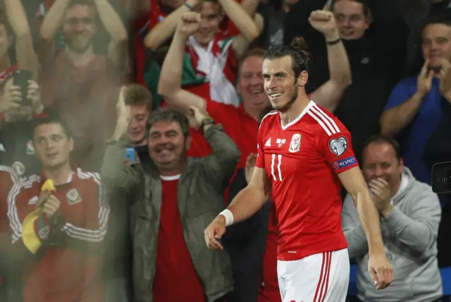 Gareth Bale celebrates after scoring for Wales