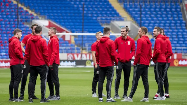 The Wales squad on the pitch ahead of the game