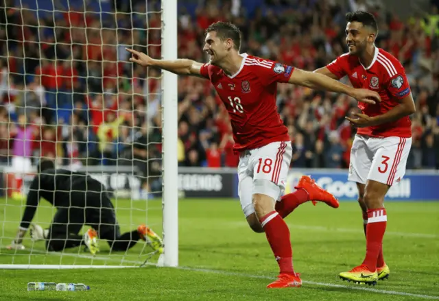 Vokes celebrates scoring Wales' first goal