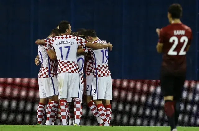 Croatia celebrate their first goal against Turkey