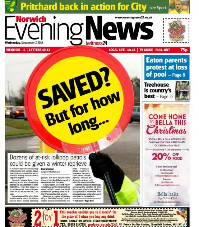 Front page of Norwich Evening News on 7/9/16