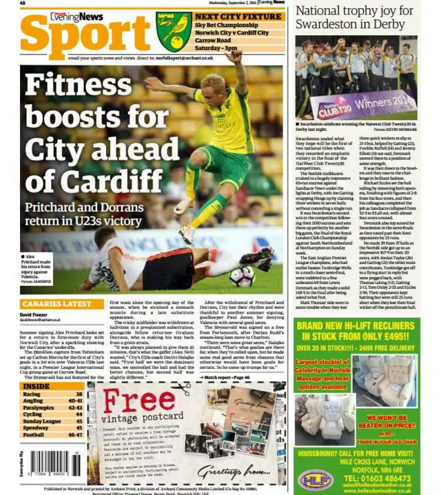 Back page of Norwich Evening News