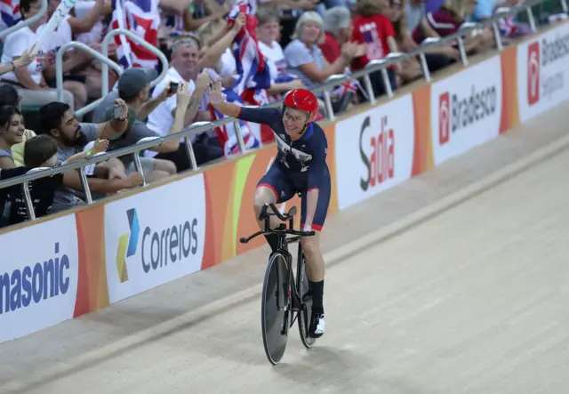 Sarah Storey celebrates victory with the GB fans