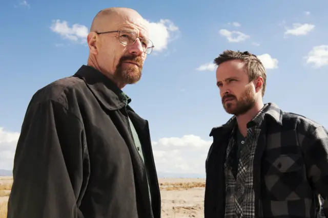 Bryan Cranston as Walter White, left, and Aaron Paul as Jesse Pinkman in a scene from "Breaking Bad"