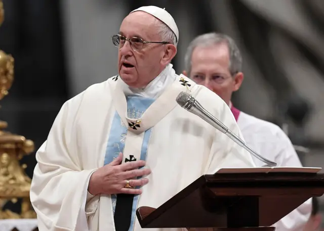 Pope Francis leads a mass at St Peter"s basilica on January 1st, 2017 at the Vatican.