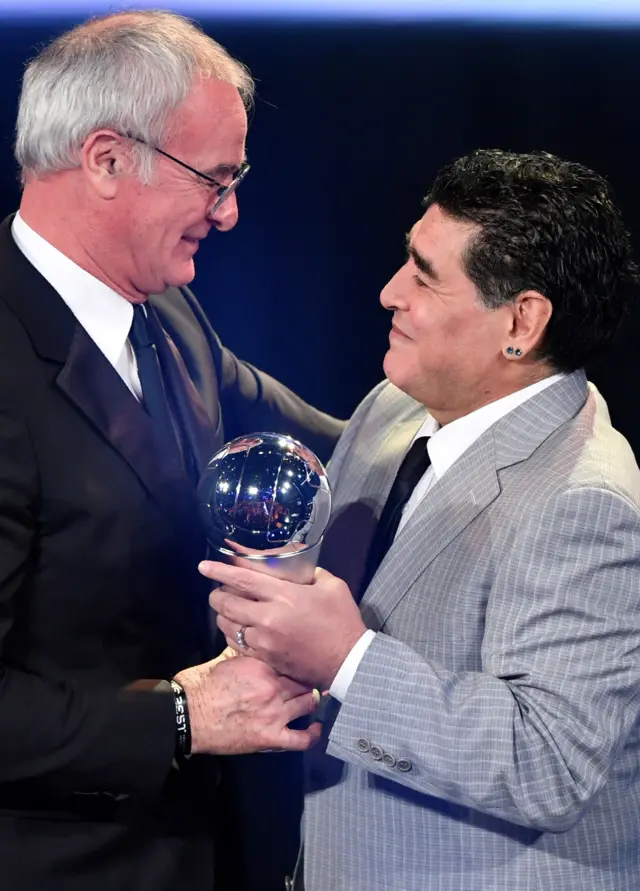 Claudio Ranieri is presentend with The Best FIFA Mens Coach of 2016 Award by former Argentine football player Diego Maradona