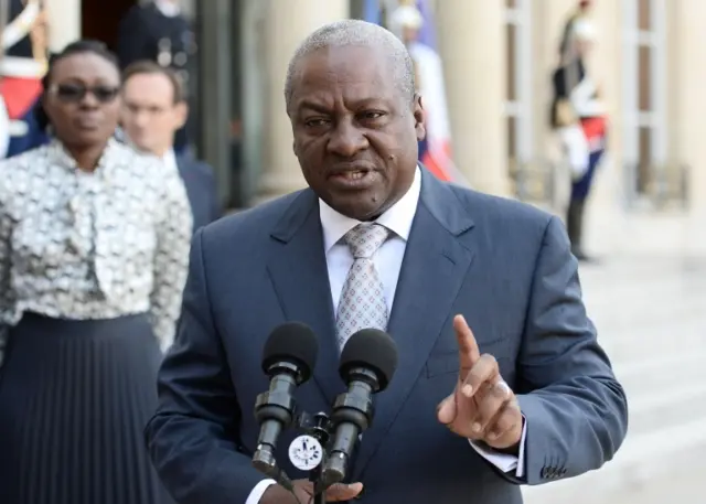 This file photo taken on September 27, 2016 shows Ghana"s President John Dramani Mahama giving a statement following his meeting with the French president at the Elysee Palace in Paris.