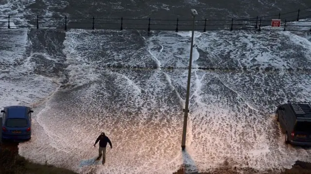 North Bay in Scarborough as waves overtop the seafront