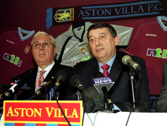 Graham Taylor (right) talks to the assembled media, flanked by Aston Villa Chairman Doug Ellis at a press conference to announce that Taylor has been appointed as the new manager of Aston Villa. The press conference took place at Villa Park,Birmingham