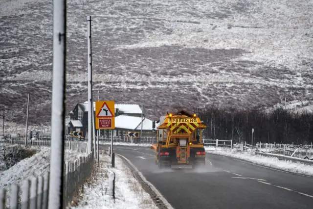 A gritter on the A62 near Marsden in West Yorkshire: