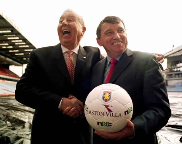 Graham Taylor (right) is welcomed back by Aston Villa Chairman Doug Ellis at a press conference to announce that Taylor has been appointed as the new manager of Aston Villa. The press conference took place at Villa Park, Birmingham