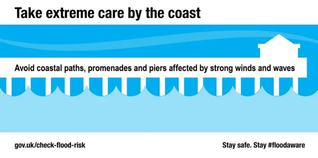 Warning message from the Enviromnent agency advising people to take care by the coast