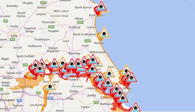 Map showing flood warnings in the Humber region