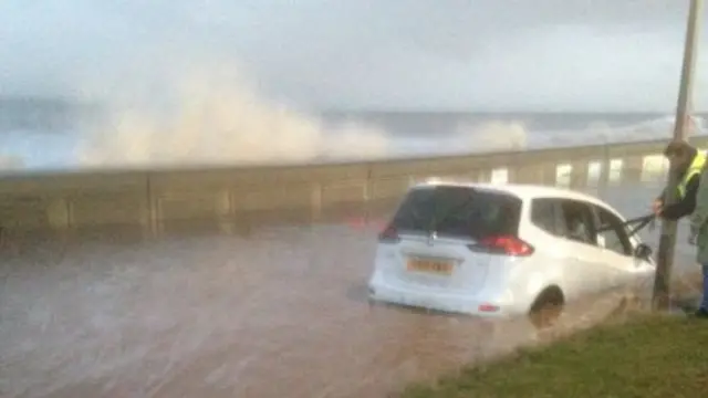 Car trapped in flood water in Hornsea