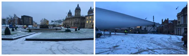 Snow in Queens Gardens and Victoria Square in Hull