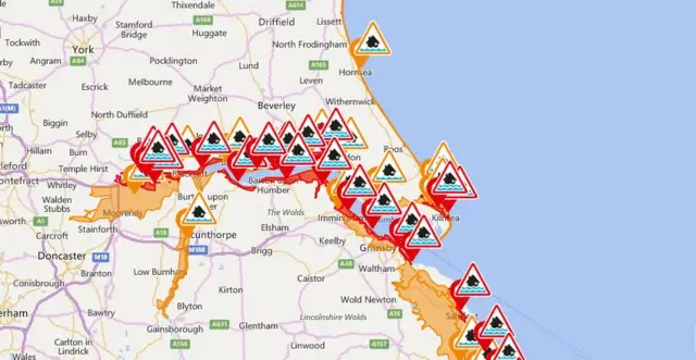 Map showing flood warnings in Humber region