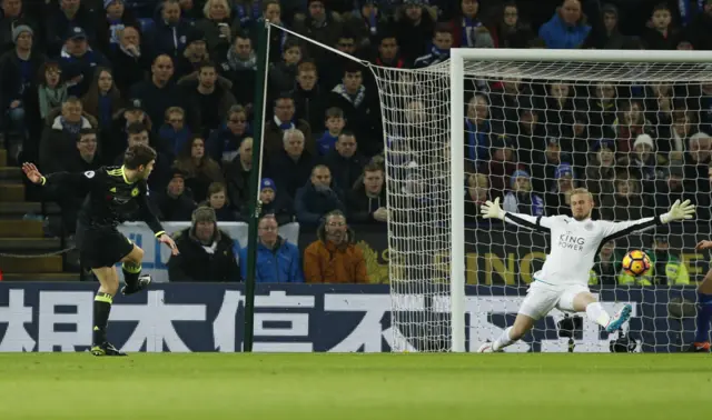 Chelsea"s Marcos Alonso scores their first goal