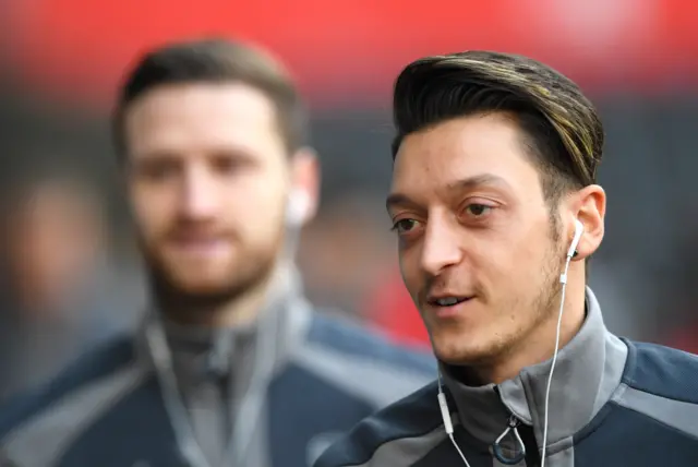 Mesut Ozil of Arsenal arrives at the Liberty Stadium