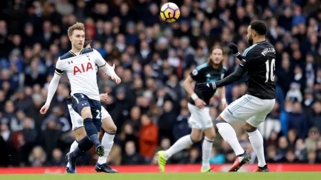 Christian Eriksen passes the ball over Matt Phillips