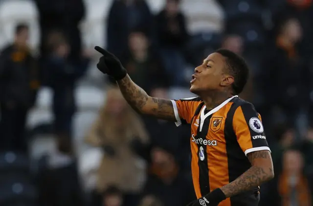 Hull City"s Abel Hernandez celebrates scoring their first goal