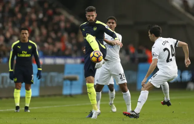 Arsenal"s Olivier Giroud in action with Swansea City"s Kyle Naughton