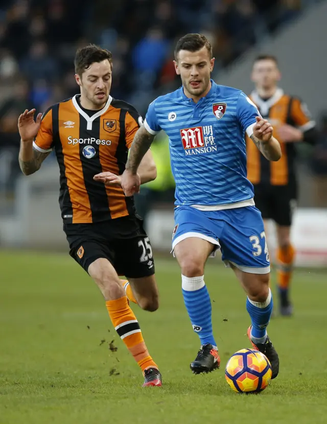 Bournemouth"s Jack Wilshere in action with Hull City"s Ryan Mason