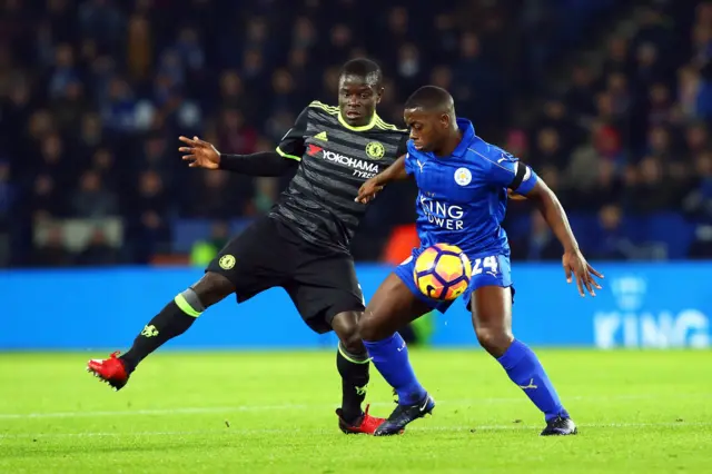 Chelsea"s Ngolo Kante (L) in action against Leicester City"s Nampalys Mendy