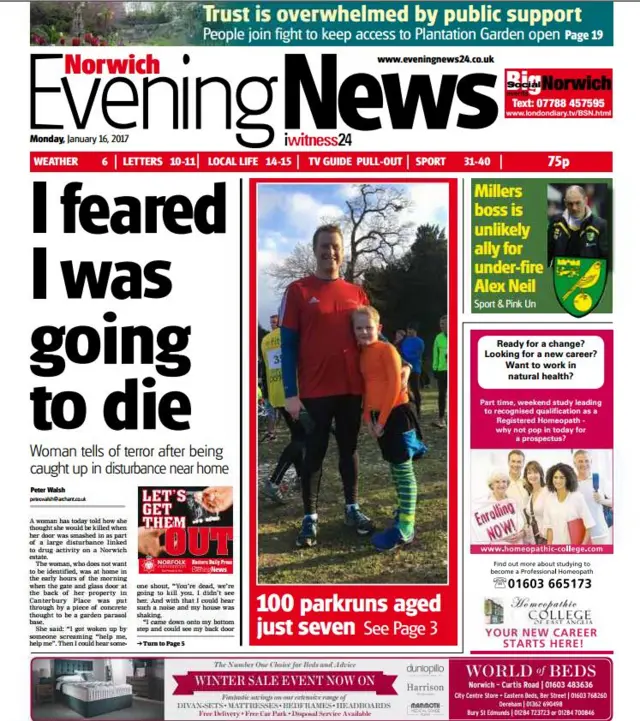 Front page of the Norwich Evening News