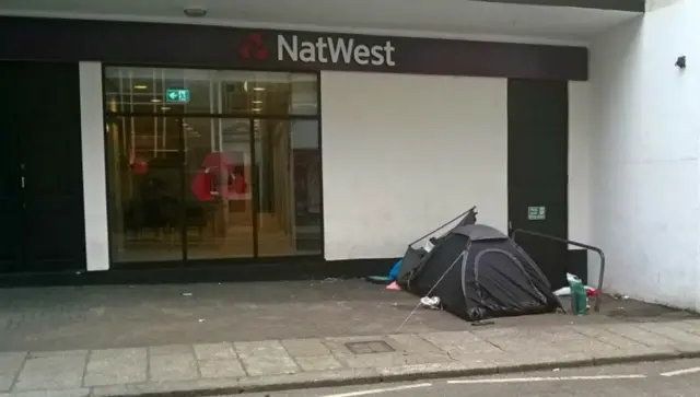 NatWest bank in Truro with tents outside