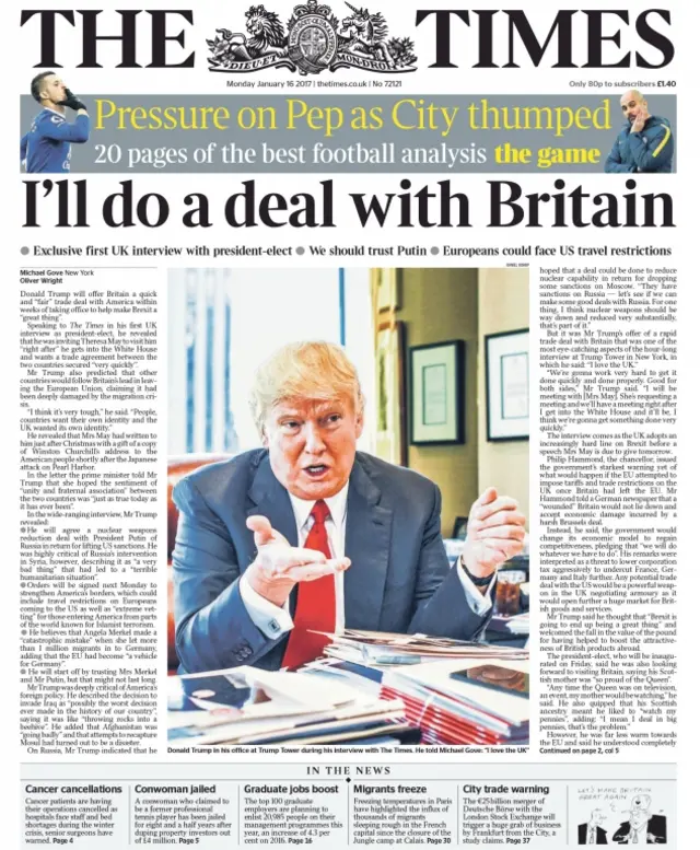 Front page of Monday's Times newspaper