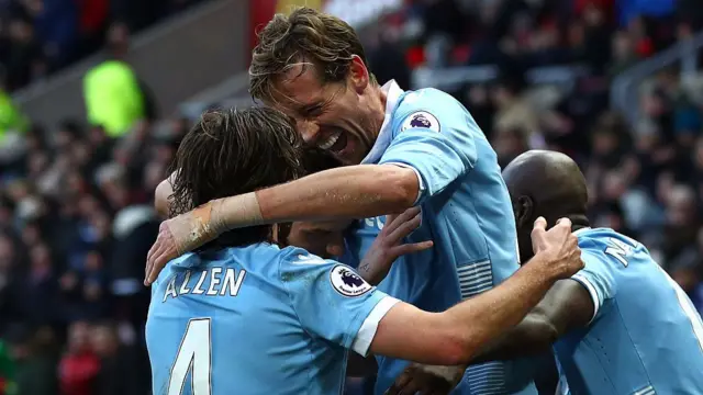 Stoke City players celebrating after Peter Crouch's goal against Sunderland