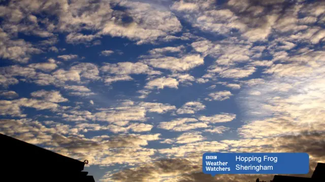 Late afternoon, scattered clouds with sun shining through