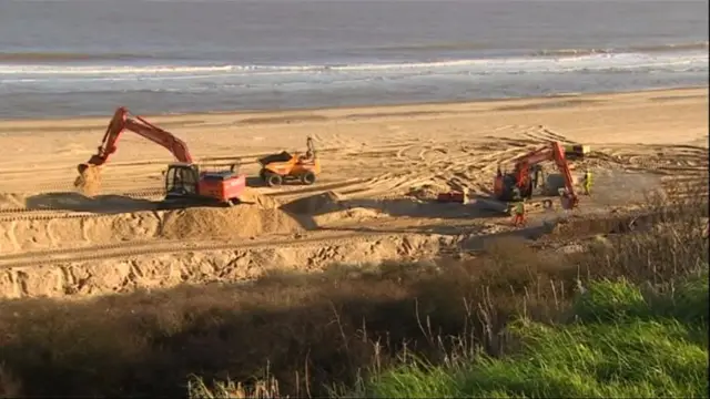 A view of Hemsby beach, during the installation of the concrete blocks