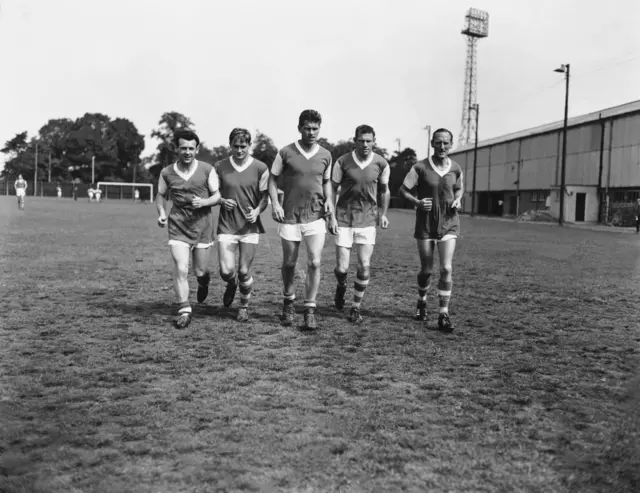 Roy Stephenson, Doug Moran, Ray Crawford, Ted Phillips, Jimmy Leadbetter of Ipswich Town