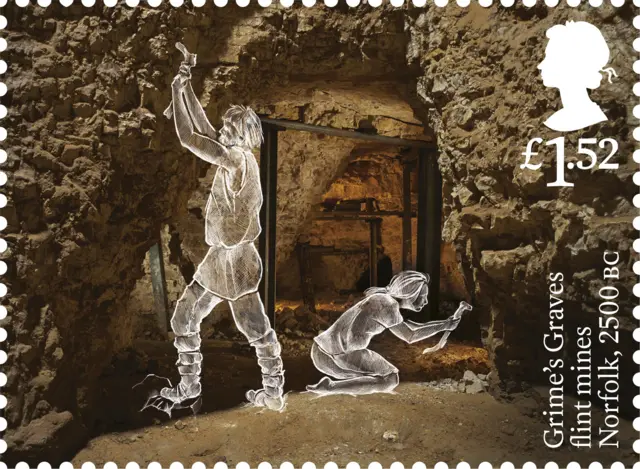 A postage stamp featuring Grimes Graves