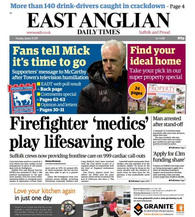 Front page of East Anglian Daily Times