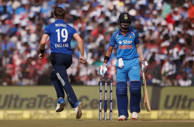 Lokesh Rahul loses his wicket and Chris Woakes celebrates