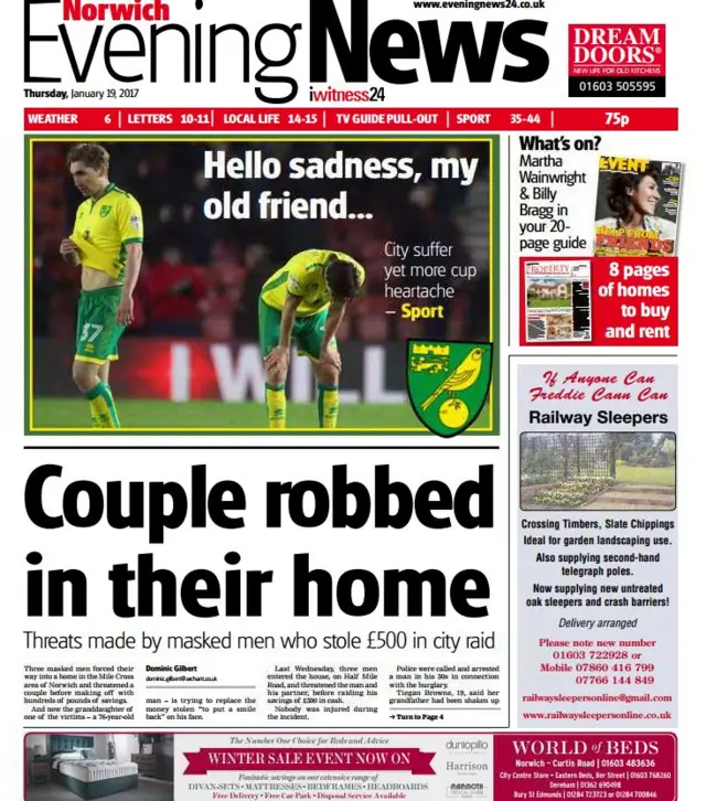 Front page of Norwich Evening News