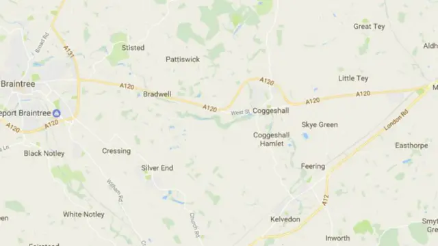 Map showing A120 between Braintree and A12