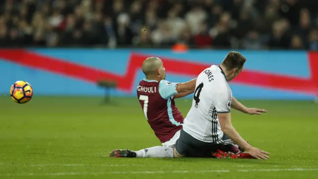 Sofiane Feghouli fouls Manchester United's Phil Jones