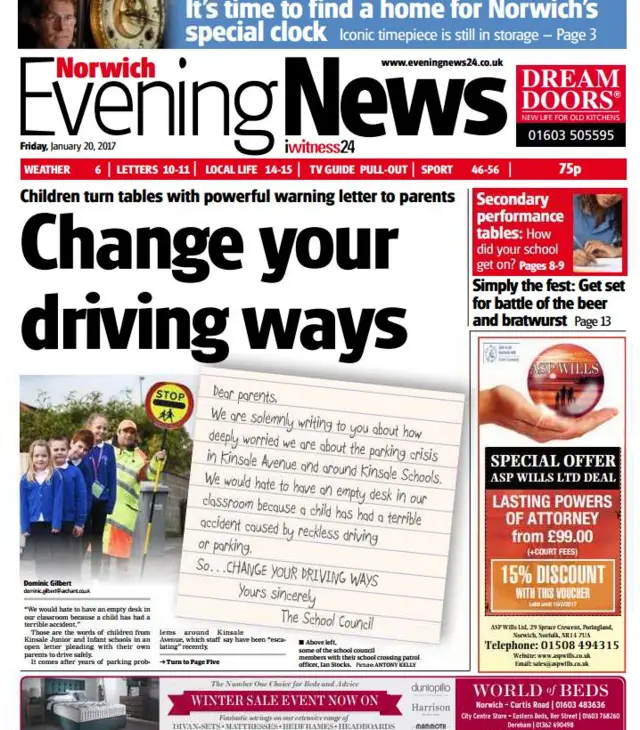 Front page of Norwich Evening News