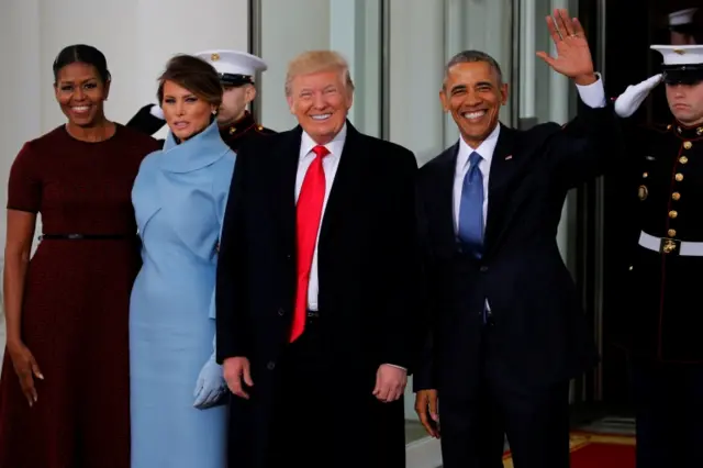 From left to right: Michelle Obama, Melania Trump, Donald Trump and Barack Obama