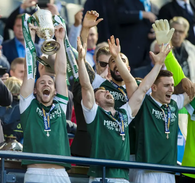 David Gray celebrates with Hibernian team-mates after winning the Scottish Cup final