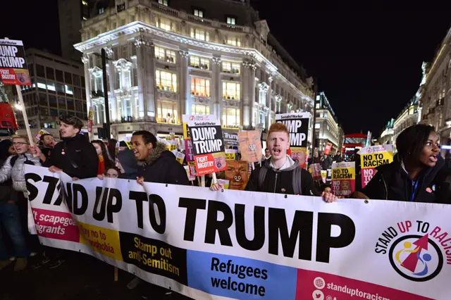 A demonstration against Trump takes place in Oxford Circus, London