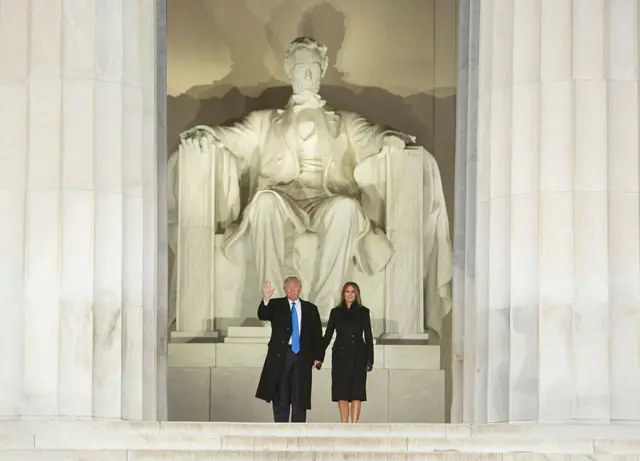 Trump and his wife emerged from the Lincoln Memorial to observe last night's festivities