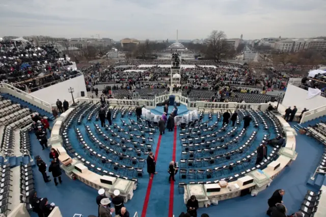 Chairs are being set up on the West Front on Capitol Hill